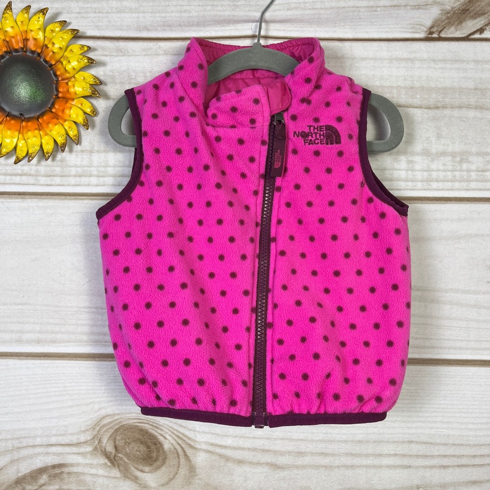 The North Face Kids Pink Polka Dot Fleece Reversible Puffer Vest Girls Size 2T‎